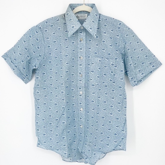 Vintage 70s Blue Oversized Collar Permanent Press Button Down - Picture 1 of 7